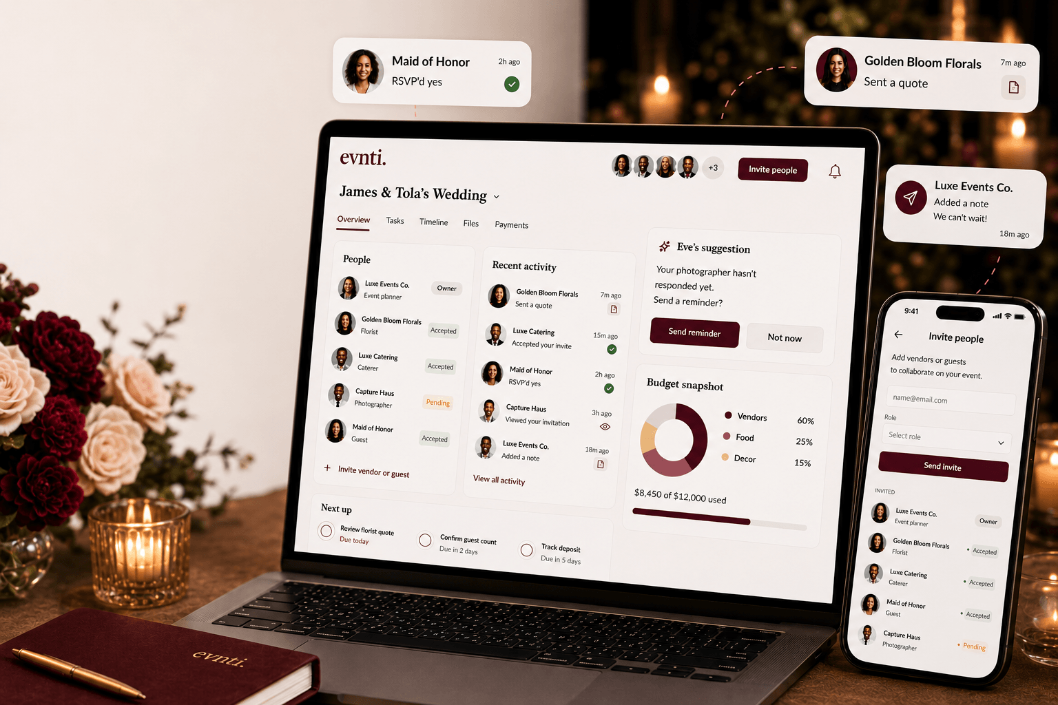 Evnti collaboration workspace with vendor, guest, budget, and message updates